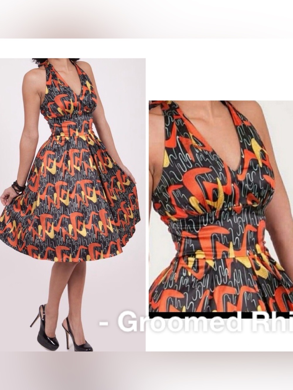 Bettie Page By Tatyana Boomerang Atomic Pattern Halter Retro Dress Size 2XL